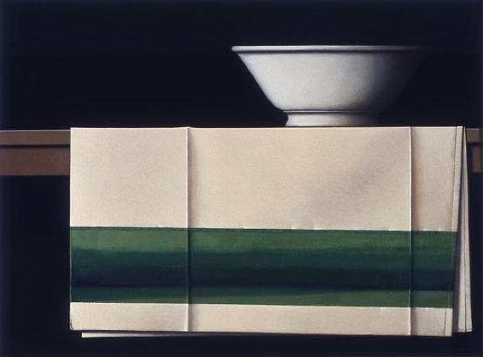 Wim Blom - Green striped cloth with white bowl  2002 oil on canvas 54x73