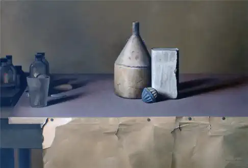 Wim Blom Oil can with book on table