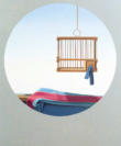 Wim Blom-Hanging bird cage with blue and red striped cloth