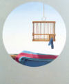 Wim Blom-Hanging bird cage with blue and red striped cloth