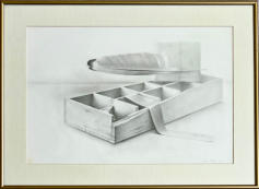 Wim Blom-Segmented box with feather and tied parcel pencil on paper-1987