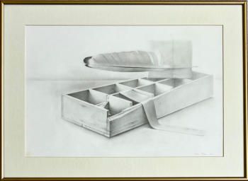 Wim Blom-Segmented box with feather and tied parcel pencil on paper-1987